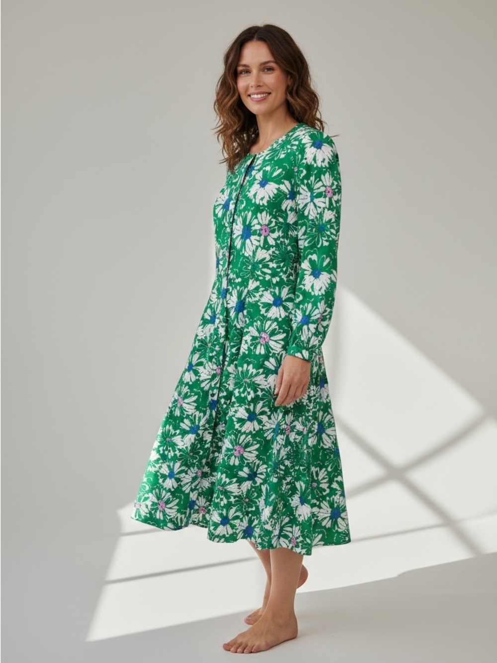Loft Women’s Size 4P Long Ballon Sleeve Green White Floral Midi Pocket Dress